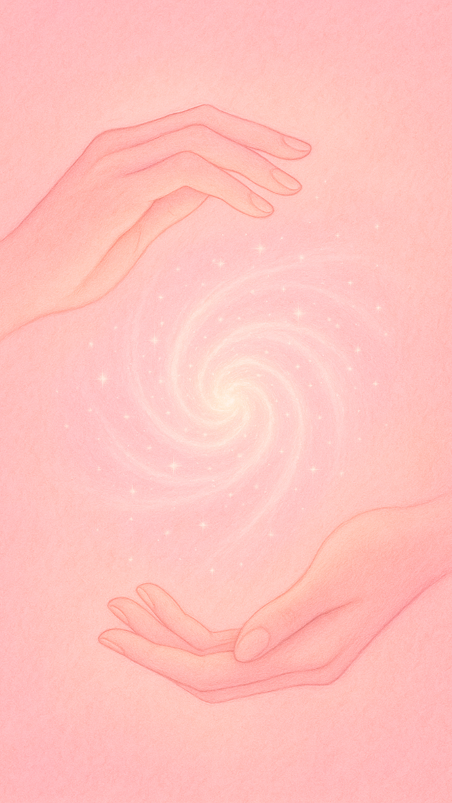 Illustration of two hands with healing reiki energy reaching towards each other on a pink background