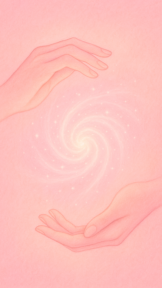 Illustration of two hands with healing reiki energy reaching towards each other on a pink background